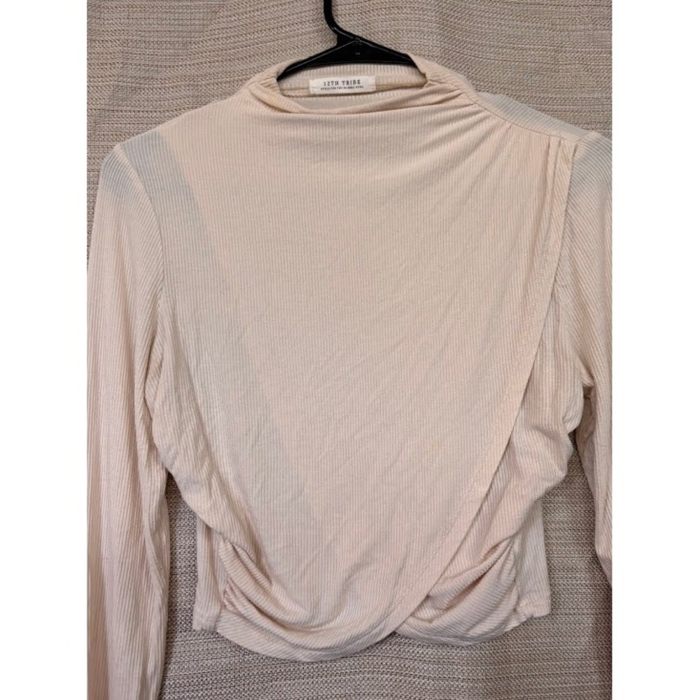 12th Tribe Cream Ribbed‎ Womens Crossover Long Sleeve Twisted Hem Crop Top Small
